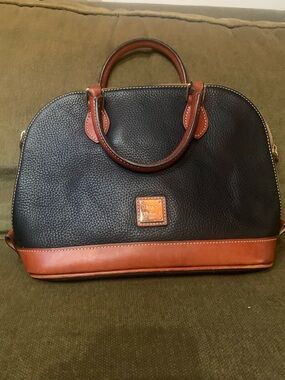 Dooney & Bourke Black Pebbled Leather Satchel with Brown Trim and Handles